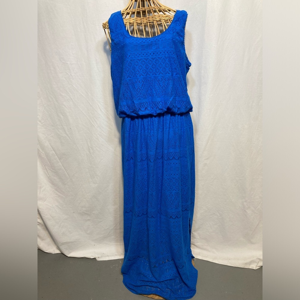 LONDON STYLE COLLECTION SKY BLUE CROCHET MAXI LINED SLEEVELESS DRESS SIZE L